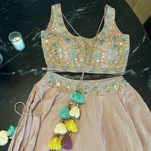 Blush Pink Two Piece Modern Indian Top and Skirt Set XS